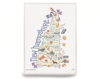 New Hampshire Art Print: Signed Watercolor Map