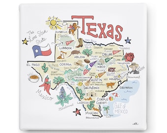 Texas Art on Square Canvas, Texas Map Canvas Art, Texas Print for Wall, Available in all 50 States, State Art, State Prints