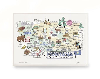 Montana Art, Montana  Map, Montana  Print, Unframed, Printed on watercolor paper