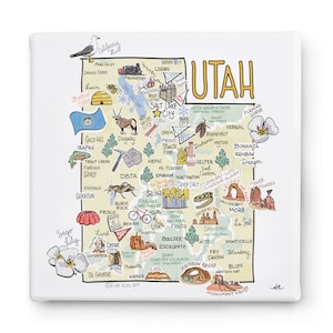 Utah Art on Square Canvas, Utah Map Canvas Art, Utah Print for Wall, Available in all 50 States, State Art, State Prints
