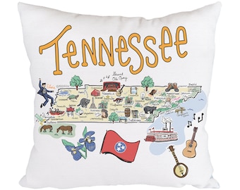 Tennessee Map Pillow, 18" x 18" Tennessee Pillow, Tennessee State Map Pillow, Indoor/Outdoor Pillow