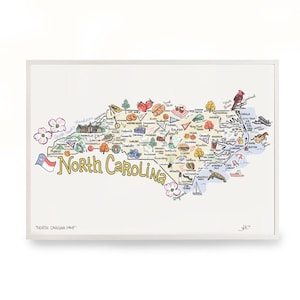 North Carolina Art, North Carolina Map, North Carolina Print, Unframed, Print Signed by Artist, Printed on watercolor paper