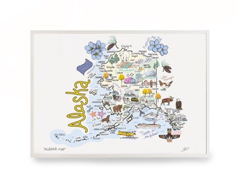 Könnte beinhalten: Eine farbenfrohe illustrierte Karte von Alaska mit dem Staatsnamen in gelben Buchstaben. Die Karte enthält verschiedene Sehenswürdigkeiten, Tiere und Verkehrssymbole. Der Text "ALASKA MAP" befindet sich am unteren Rand der Karte.