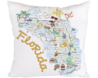 Florida Map Pillow, 18&quot;x18&quot; Florida Pillow, Florida State Map Pillow, Indoor/Outdoor Pillow