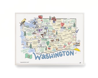 May include: A framed map of Washington State, hand-drawn with colorful illustrations of landmarks, cities, and natural features. The map includes the text "Washington" in a blue, stylized font, and the phrase "Evergreen State".