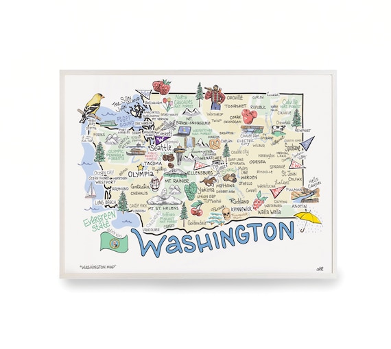 Washington Map Art, Washington Map, Washington Print, Unframed, Printed on  watercolor paper