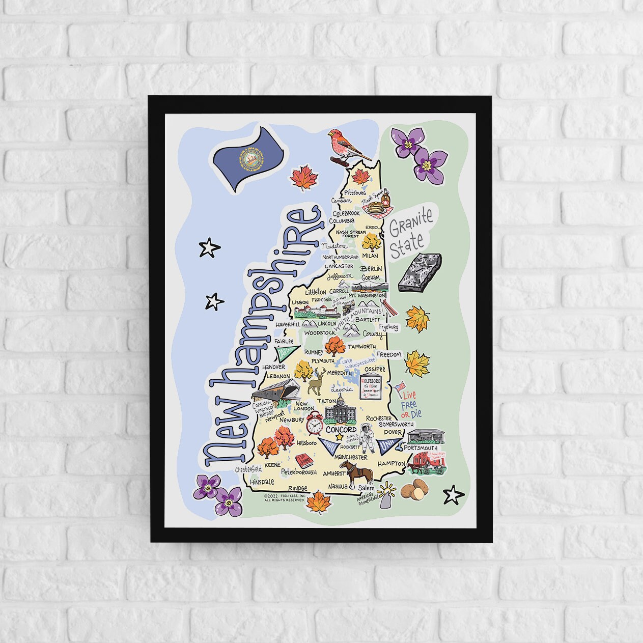 New Hampshire Art, New Hampshire Map, New Hampshire Poster, Unframed, State Map Poster