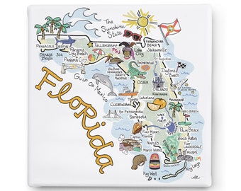 Florida Art on Square Canvas, Florida Map Canvas Art, Florida Print for Wall, Available in all 50 States, State Art, State Prints