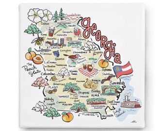 Georgia Art on Square Canvas, Georgia Map Canvas Art, Georgia Print for Wall, Available in all 50 States, State Art, State Prints