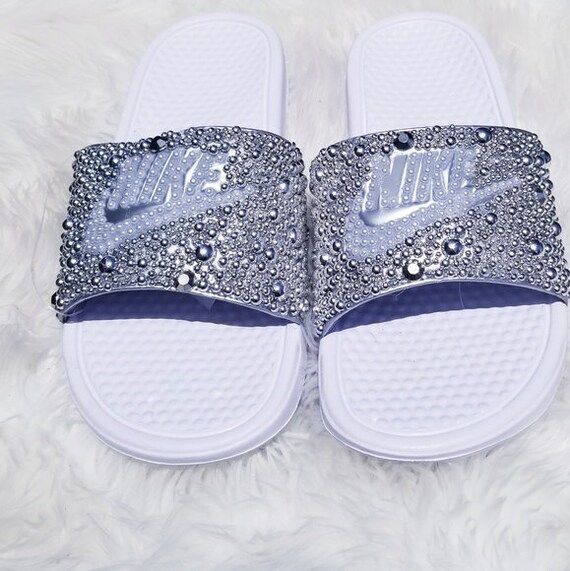 silver nike slides