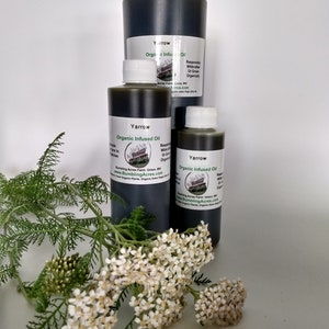 May include: Three bottles of Yarrow Organic Infused Oil, in different sizes, with labels that say "Responsibly Wildcrafted Or Grown Organically" and "Bumbling Acres Farm, Union, WV www.BumblingAcres.com". The bottles are on a white surface with a sprig of yarrow flowers.