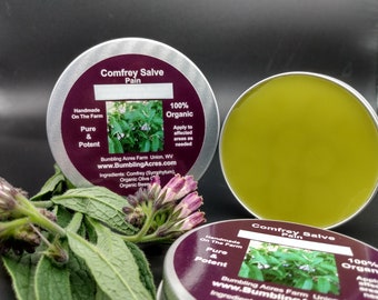 Comfrey Salve Double Infused Organic Screw On Lids Pure&Potent Handmade Fresh plants Small batches Gluten-Free Non-GMO Bumbling Acres Farm