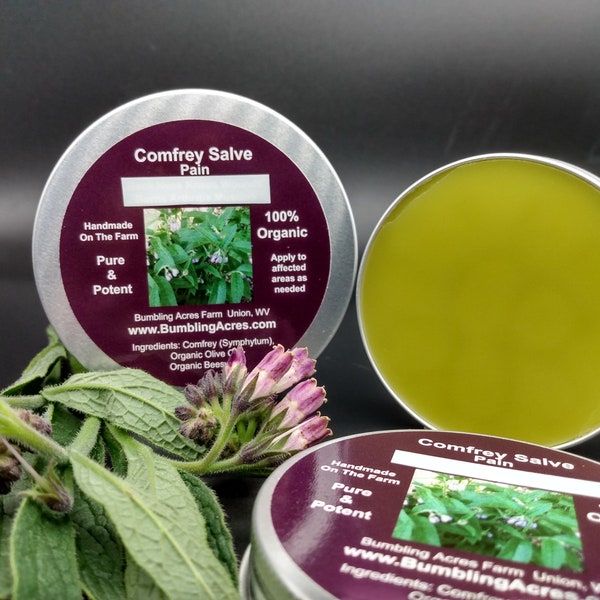 Comfrey Salve Double Infused Organic Screw On Lids Pure&Potent Handmade Fresh plants Small batches Gluten-Free Non-GMO Bumbling Acres Farm