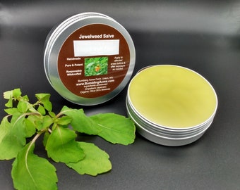 Jewelweed Salve biologique double infusion PUISSANT Fabriqué à partir de plantes fraîches Fabriqué à la main en petits lots Couvercles à vis Wildcrafted Ferme Bumbling Acres