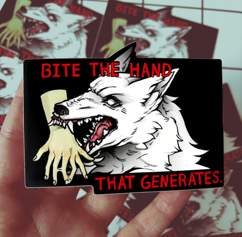 May include: A black and white sticker with a white wolf biting a hand. The text "BITE THE HAND THAT GENERATES." is in red letters.
