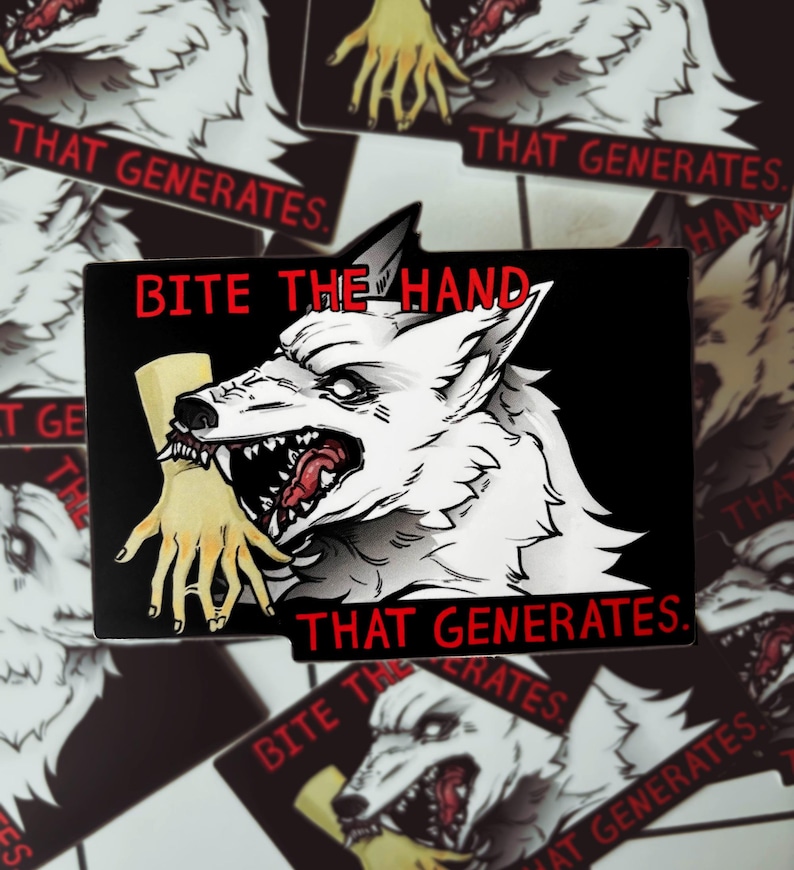 May include: A black and white sticker with a wolf biting a hand. The sticker says "Bite the hand that generates."