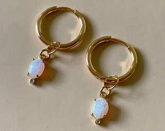 Opal Hoop Earrings, Opal Earrings, Gold Opal Earrings, October Earrings, Gold Opal Hoop Earrings, October Birthstone Earrings, October Gift