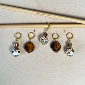 Brown glass and white beads with painted flowers Knitting / Crochet Stitch Markers -set of 5