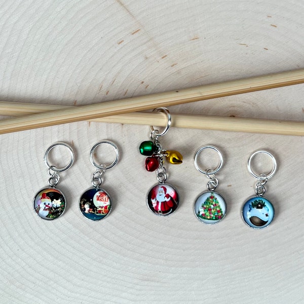 Mixed Christmas Theme Markers, one with bells Penguin, Mitten, Snowflakes, Santa, Winter Holiday Knitting / Crochet Stitch Markers -set of 5