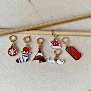 Mustache, Snowflake, Tree, Stocking, Christmas #10 Holiday Gold Tone Knitting / Crochet Stitch Markers -set of 6