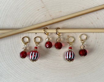 Peppermint stripe balls with gold and Red gems Christmas Holiday Knitting / Crochet Stitch Markers -set of 6