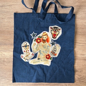 Tattooed Man Dark Blue Tote Bag, Project Bag with Nautical Stars, Ship, Panther and Anchor, 17” x 15”