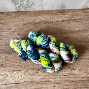 May include: Two skeins of yarn in a blue, green, white and brown colourway. The yarn is arranged in a loose knot.