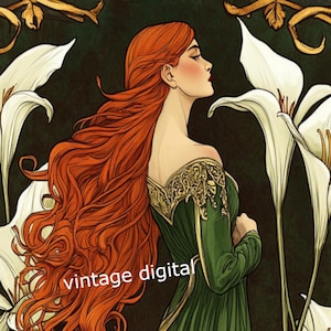 Peut inclure: Une femme aux longs cheveux roux flottants se tient dans une robe verte sur un fond vert foncé. Elle est entourée de lys blancs et d'un cadre orné doré. Le texte "vintage digital" est visible dans le coin inférieur gauche de l'image.
