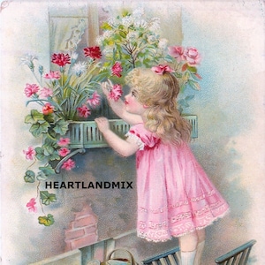 Antique Vintage Digital Image Download Printable Girl Smelling Roses Standing in Wooden Cart