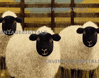 Primitive Folk Art Sheep Farm Printable Digital Download