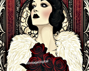 Impression d'art vintage Deco Lady : fillette garçonne avec roses (téléchargement numérique)