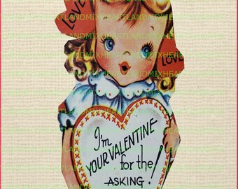 Vintage Retro Valentine Yours for the Asking Digital  Download Printable Image cards/tags/transfers/labels/logos/scrapbooking/journal pages