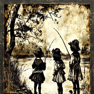 Vintage Primitive Colonial Children Fishing Digital Baixar Imagem Imprimível