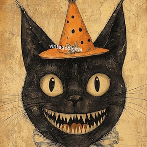 Vintage Halloween primitif époque Art déco chat noir fête d'invitations/d'art mural/découpage/scrapbooking, image numérique à télécharger imprimable