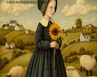 CANVAS PRINT Primitive Colonial Girl with a Sunflower Wall Art