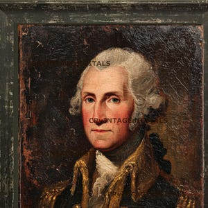May include: An antique portrait painting of a man in a dark coat with gold accents and a white wig, framed in a distressed black wooden frame. The painting has a vintage aesthetic, with visible brushstrokes and a slightly aged appearance.