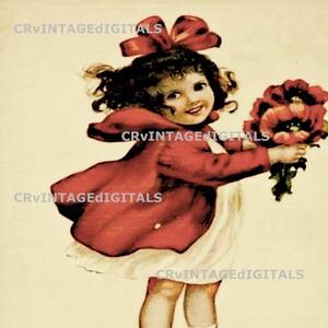 Vintage Valentine Card: Girl with Flowers Image Digital Download