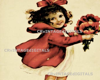 Vintage Valentine Card: Girl with Flowers Image Digital Download