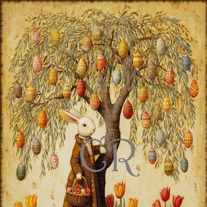 Canvas Print: Vintage Easter Egg Tree and Easter Rabbit Wall Art Image