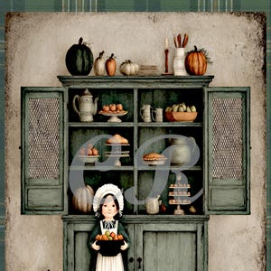 Vintage Primitive Colonial Folk Art Fall Cupboard Digital Image Download Printable Decoupage, Wall Art, Scrapbook, Journal Pages, Tag, Label