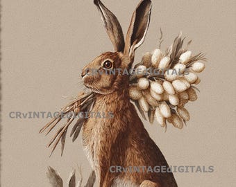 Liebre marrón vintage con conejo de Pascua y sauce llorón. Descarga una imagen imprimible para pared, tarjetas, etiquetas, scrapbooking, decoupage y transferencias.