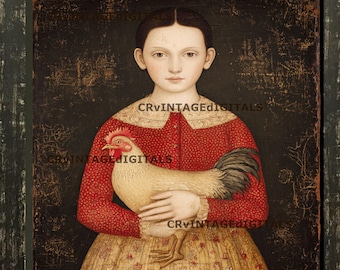 Vintage Primitive Colonial Farmhouse Folk Art Young Girl and Chicken Digital Download Print