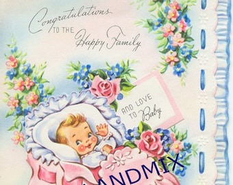 Vintage babykaart douche uitnodiging digitaal beeld Felicitaties aan de gelukkige familie