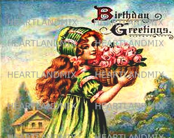 Vintage Girl Happy Birthday Card Download Printable Digital Image - Etsy