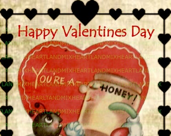 Vintage Retro Honey BEE My VALENTINE Digital  Download Printable Image cards/tags/transfers/labels/logos/scrapbooking/journal pages