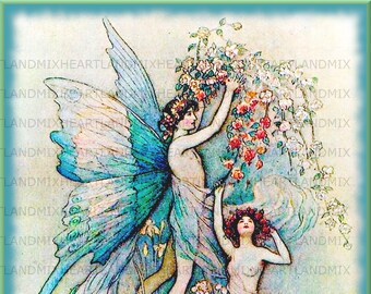 Vintage Fairies Floral Digital Image Graphic Art Downloadable Image Wall Art