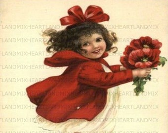 Antique Valentine Young Girl Offering Flowers "Just a Little Valentine For You" Image Instant Download Printable Card/tags/transfers