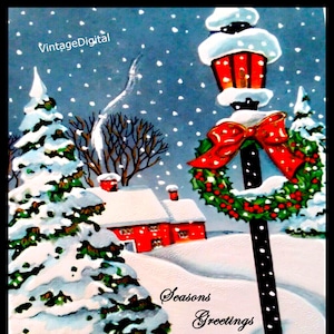 Vintage seizoensgroeten krans lantaarnpaal scène digitale download afdrukbare afbeelding kaart, tags, overdracht, labels, logo's, scrapbooking, dagboekpagina's