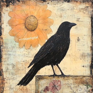 Vintage Farmhouse Crow Floral Print: Folk Art Digital Image (Digital Download)