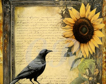 Impresión floral vintage de girasol y cuervo, descarga digital, imagen imprimible, arte de pared
